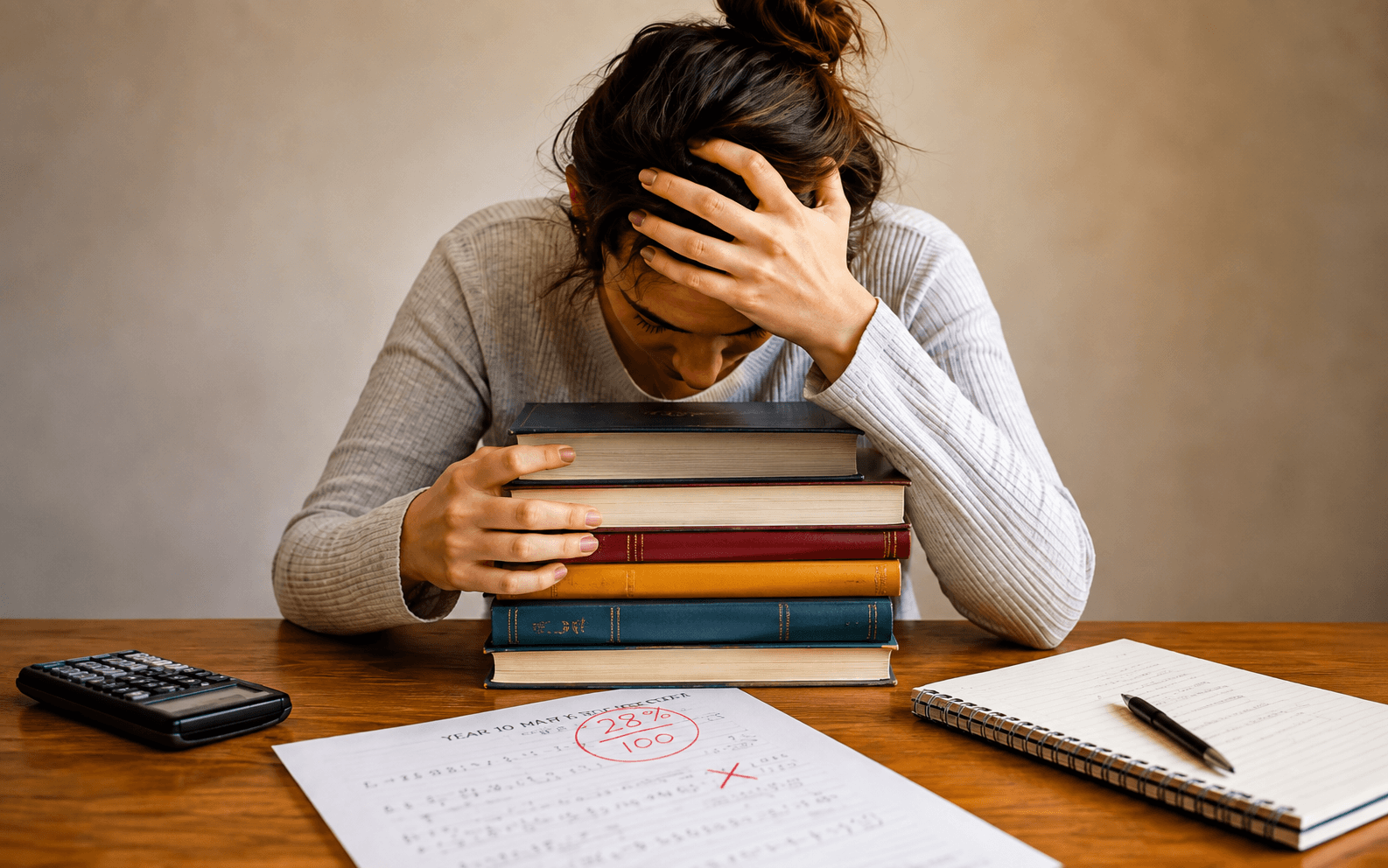 Stressed student reflecting on a disappointing Year 10 Maths mock result