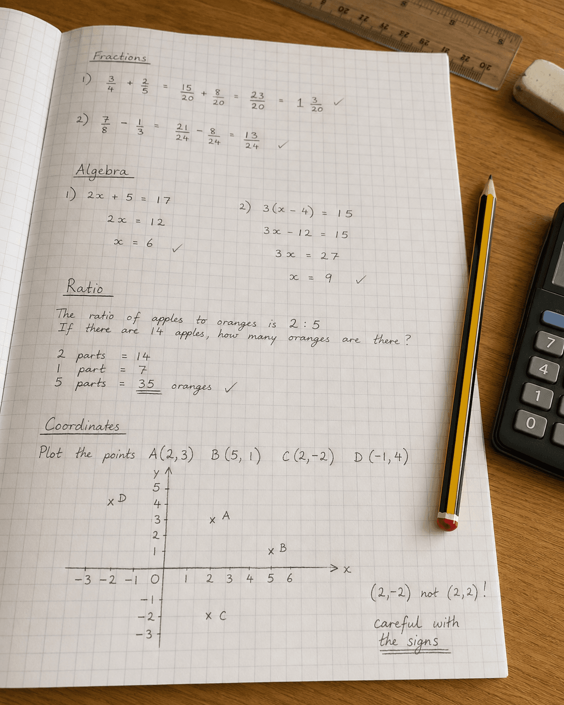 KS3 maths work showing fractions, algebra, ratio and coordinates