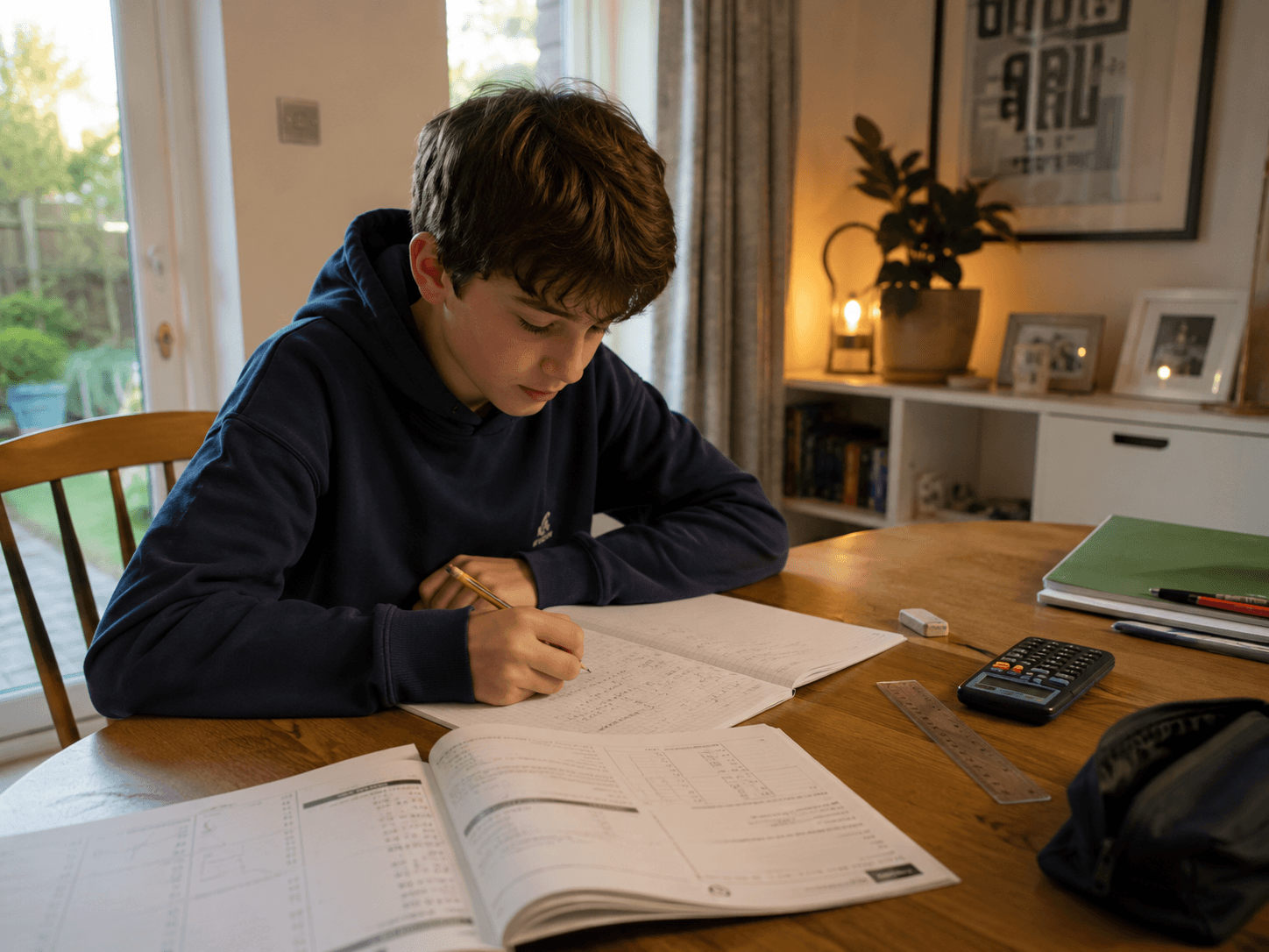 KS3 student studying maths at home with a workbook and calculator