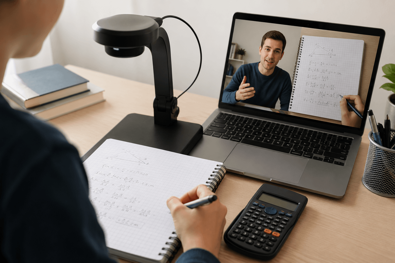 Online maths lesson using a visualiser to review written work