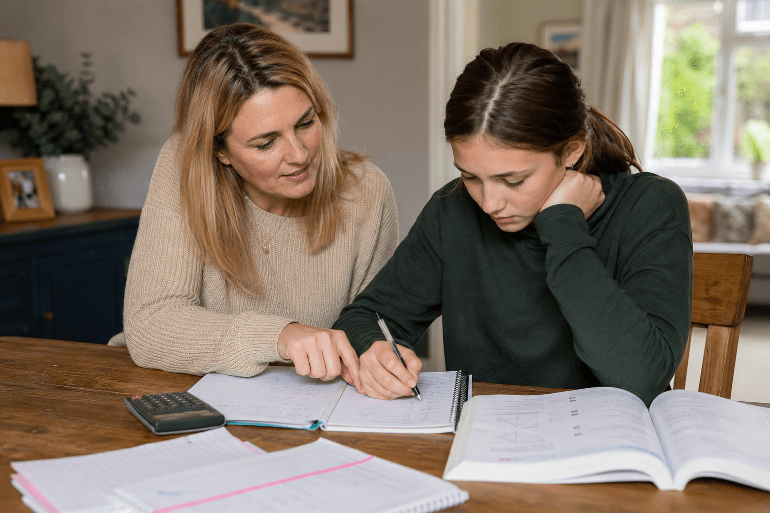 Parent helping a secondary school student with Maths homework