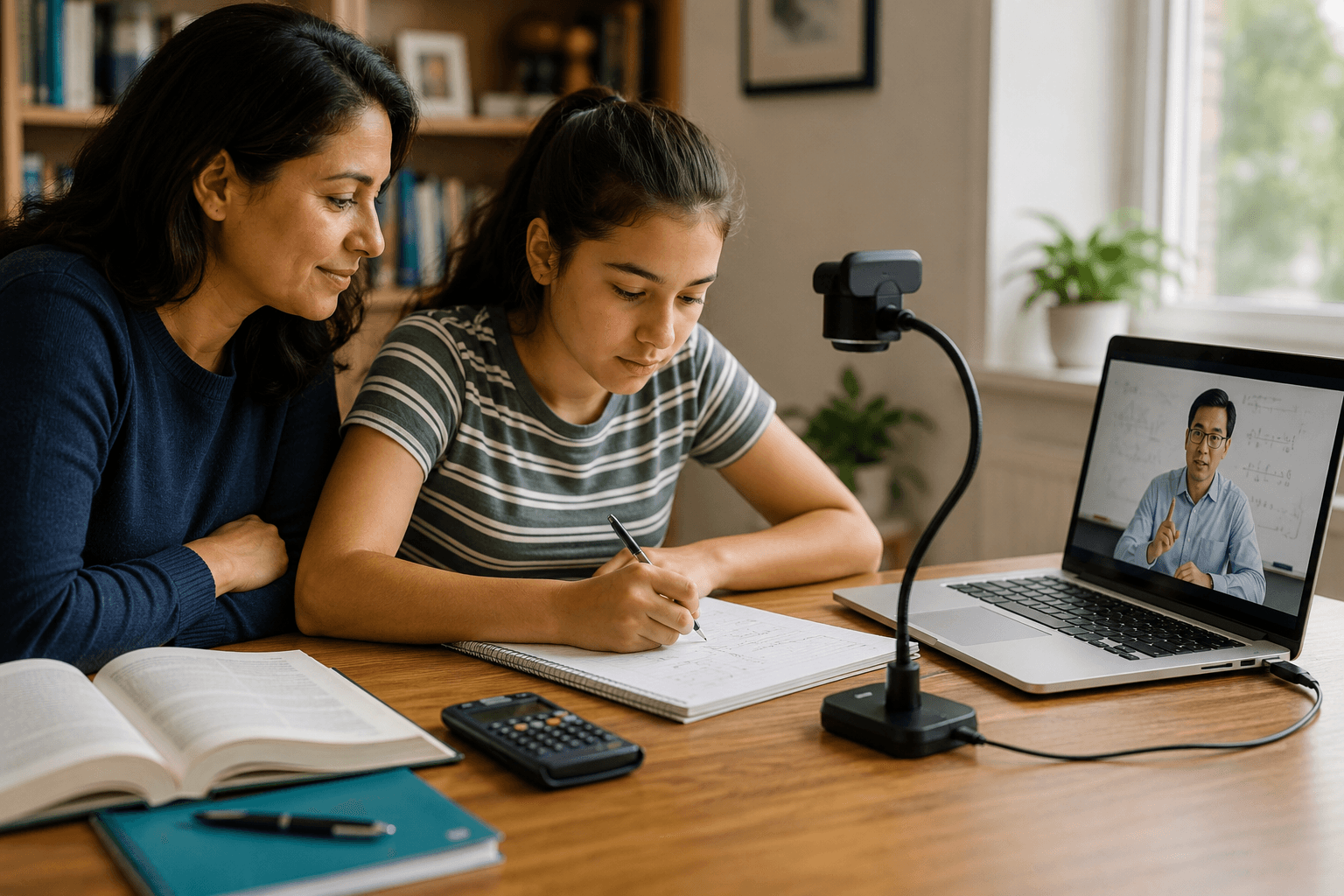 Parent supporting a secondary school student with online Maths learning