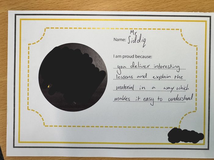 Redacted handwritten student feedback