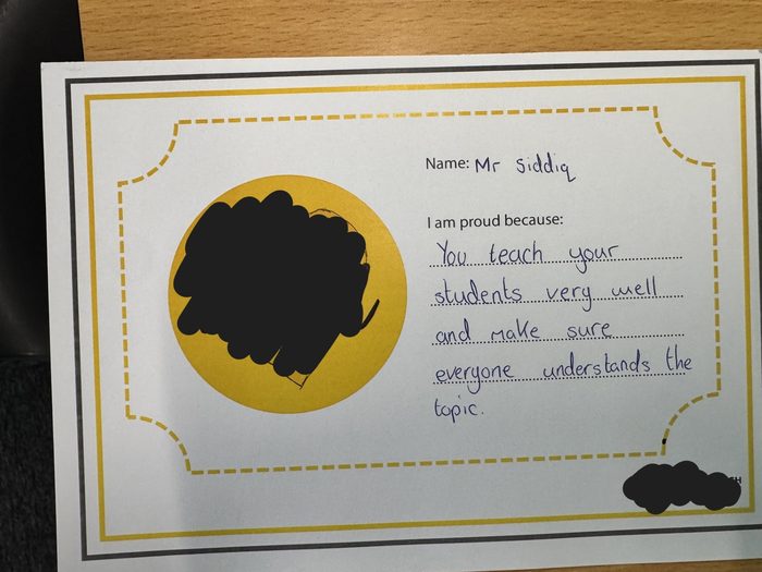 Redacted handwritten student feedback